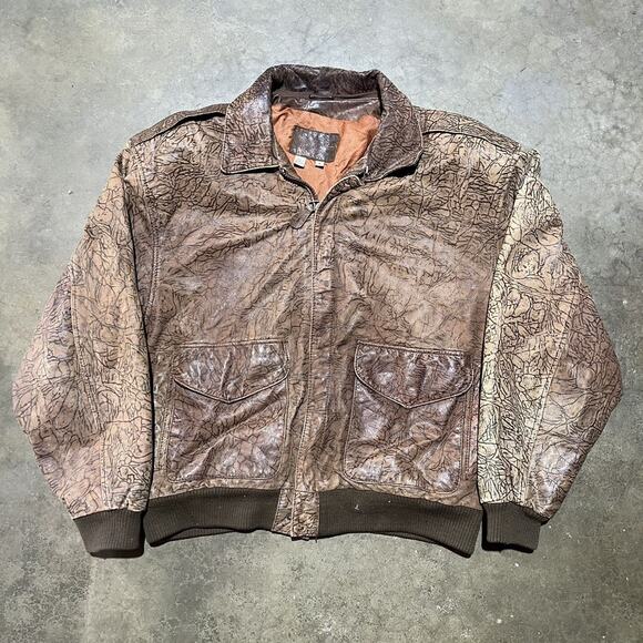 Vintage 80s Brown/Black Pattern Leather Bomber Jacket - Picture 1 of 4